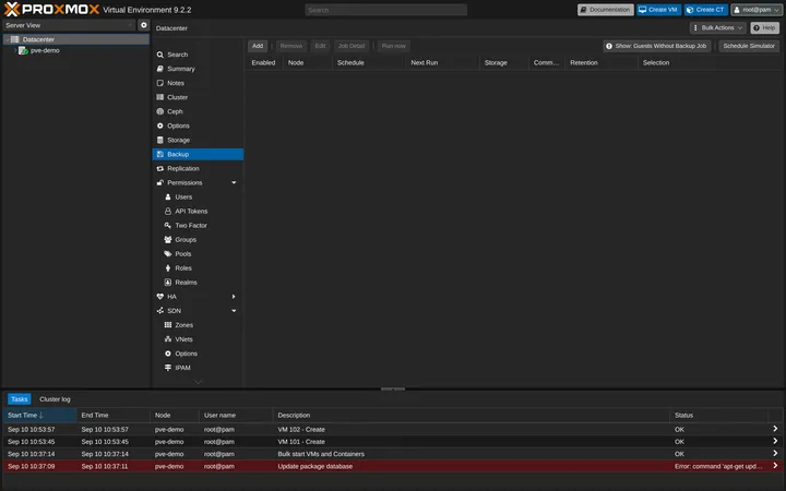 Proxmox VE Datacenter Backup view showing the scheduled backup jobs table and controls to add or run a job