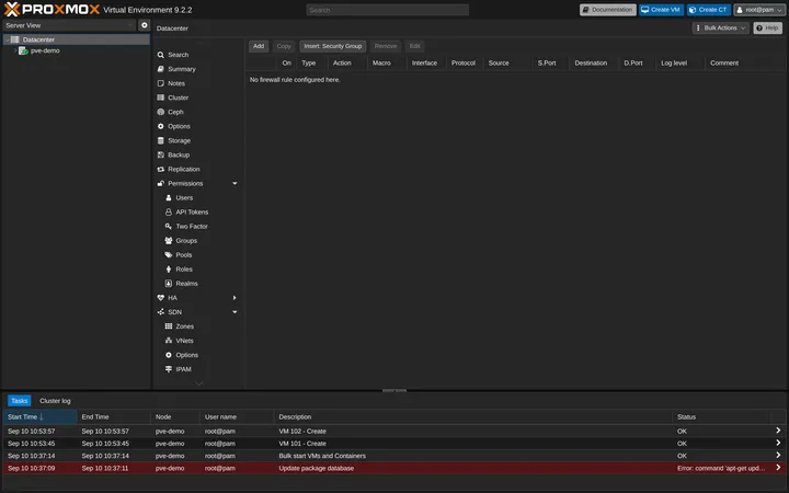 Proxmox VE Datacenter Firewall Rules view showing the cluster-wide rule table and controls for adding and editing rules