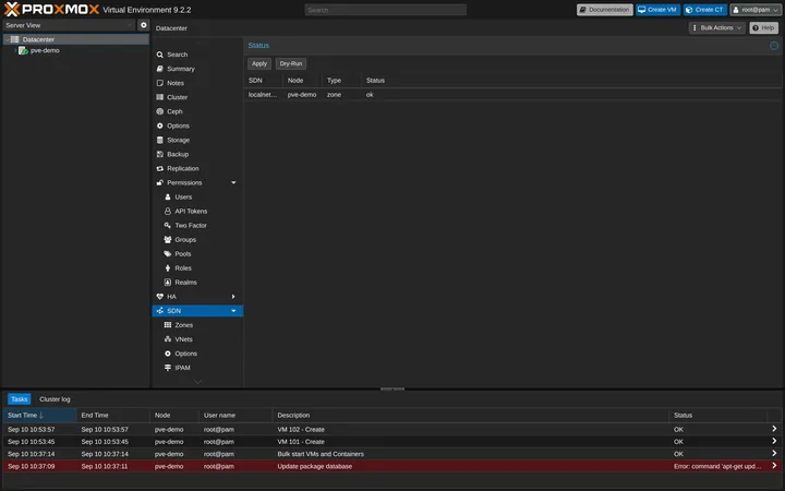 Proxmox VE Datacenter SDN status view showing a healthy zone on the pve-demo node and navigation for Zones and VNets