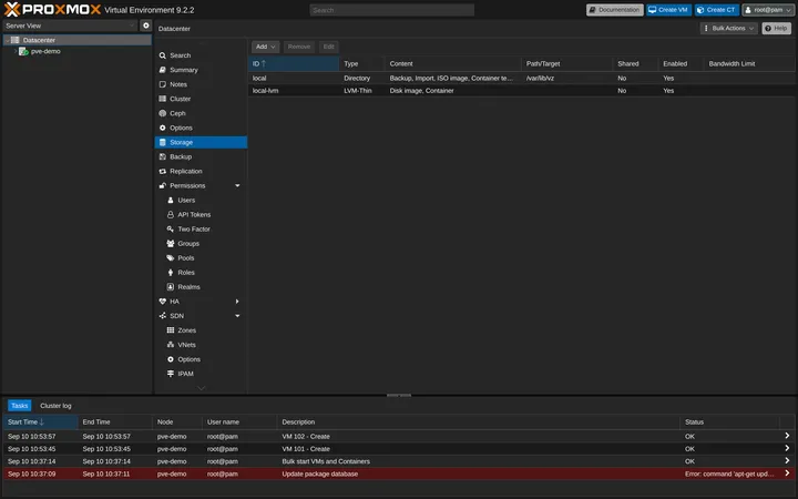 Proxmox VE Datacenter Storage list showing local directory storage for backups, ISO images, and container templates, plus local-lvm LVM-thin storage for disk images and containers