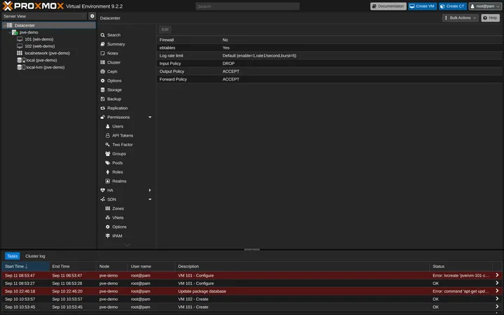 Proxmox Datacenter Firewall Options showing Input Policy DROP, Output Policy ACCEPT, Forward Policy ACCEPT, and firewall enable toggles