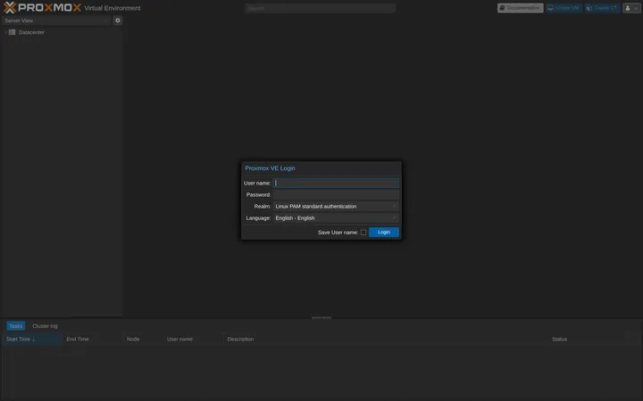 The Proxmox VE web login screen with username, password, realm, and language fields