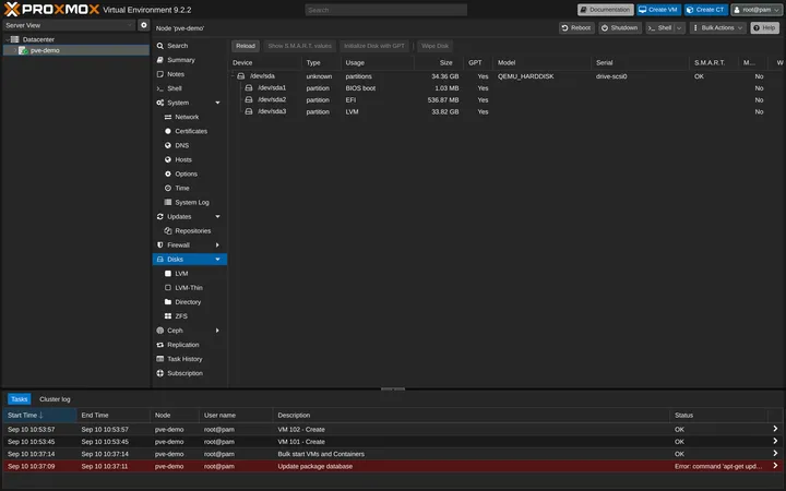 Proxmox VE node Disks view showing the physical /dev/sda drive and its BIOS boot, EFI, and LVM partitions