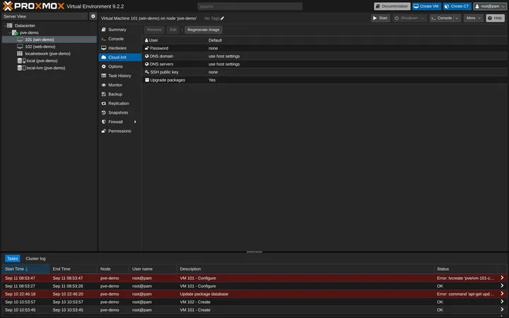 Proxmox VM Cloud-Init tab showing the default User, Password, DNS domain, DNS servers, SSH public key, and Upgrade packages fields with the Regenerate Image button