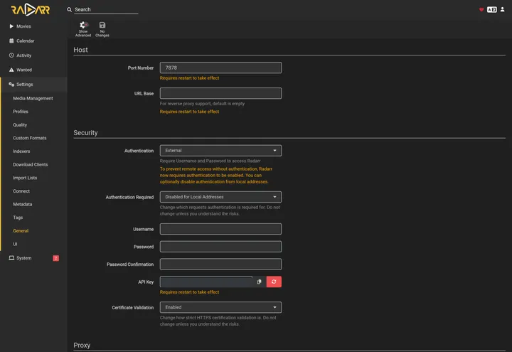 Radarr Settings General Security section showing Authentication method and Authentication Required set to Disabled for Local Addresses