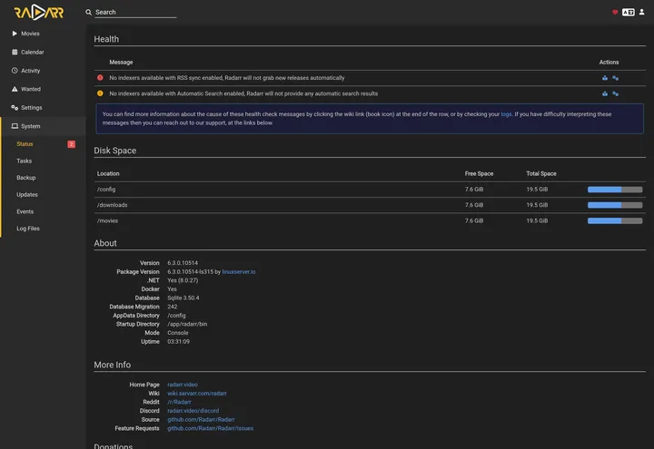 Radarr System Status page showing health-check warnings about indexers, disk space, and version info