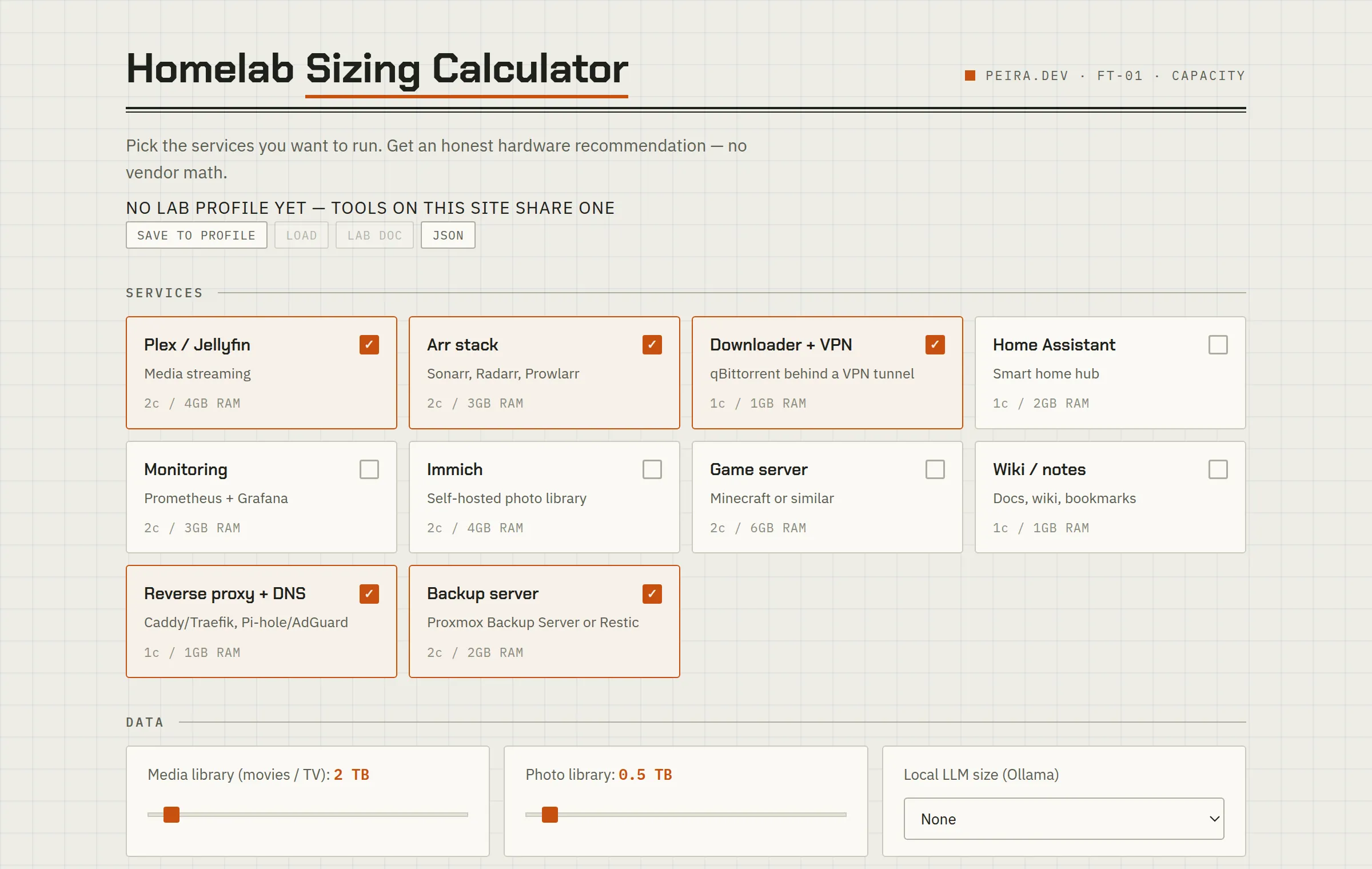 Homelab Sizing Calculator — a look at the tool