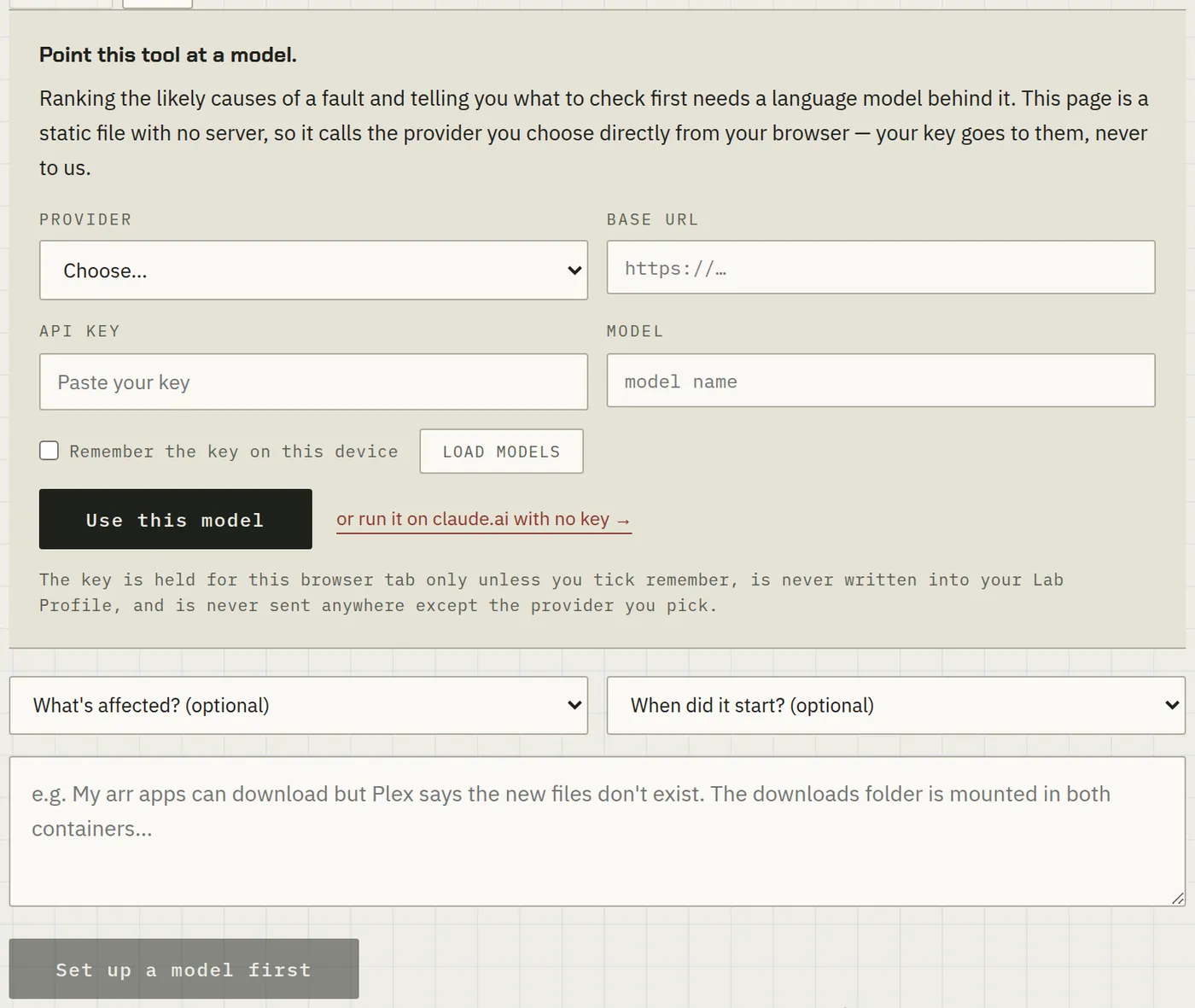 The model setup panel inside a field tool, showing a provider dropdown, a base URL field, an API key field, a model field, a 'remember the key on this device' checkbox, a 'Load models' button, and a note stating the key is held for the browser tab only and is never written into the lab profile.